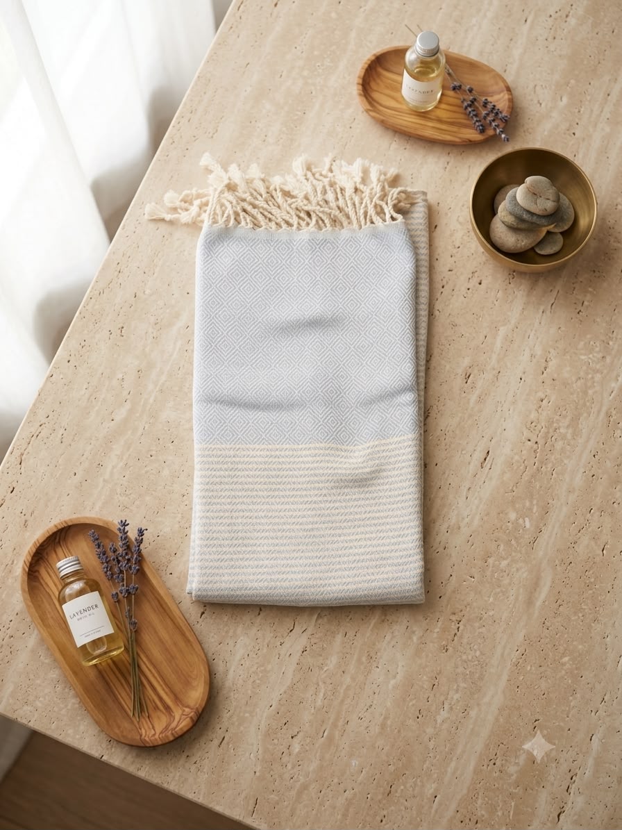 Celena Baby Blue peshtemal on travertine table with lavender oil