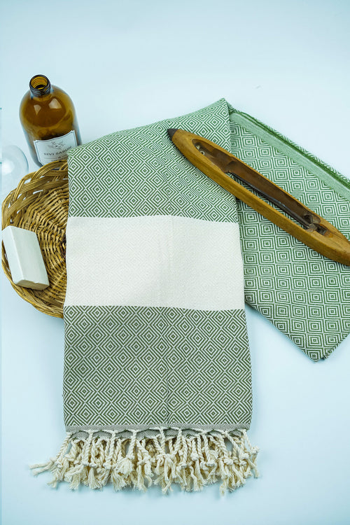 Celena Peshtemal Khaki – diamond weave with cream stripe
