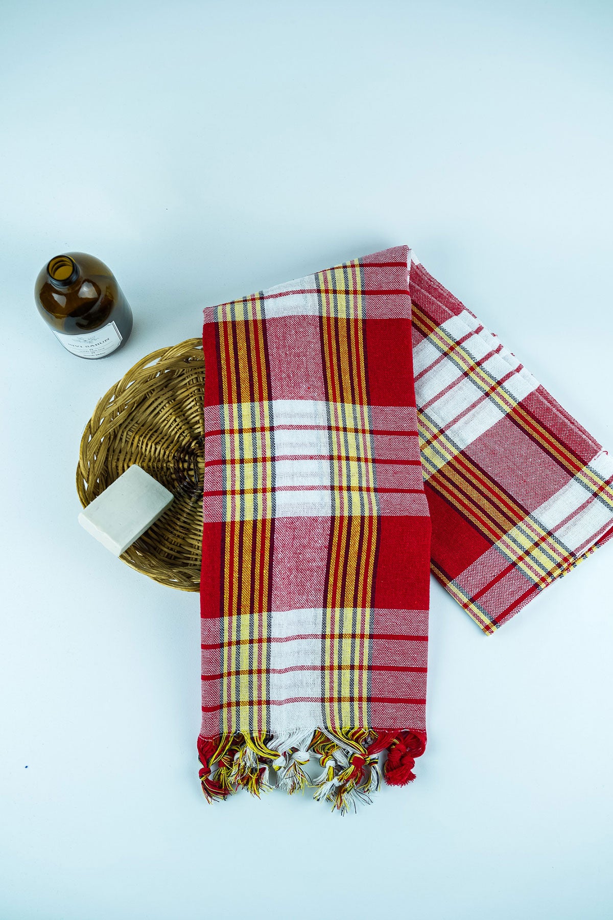 Classic red peshtemal with plaid pattern