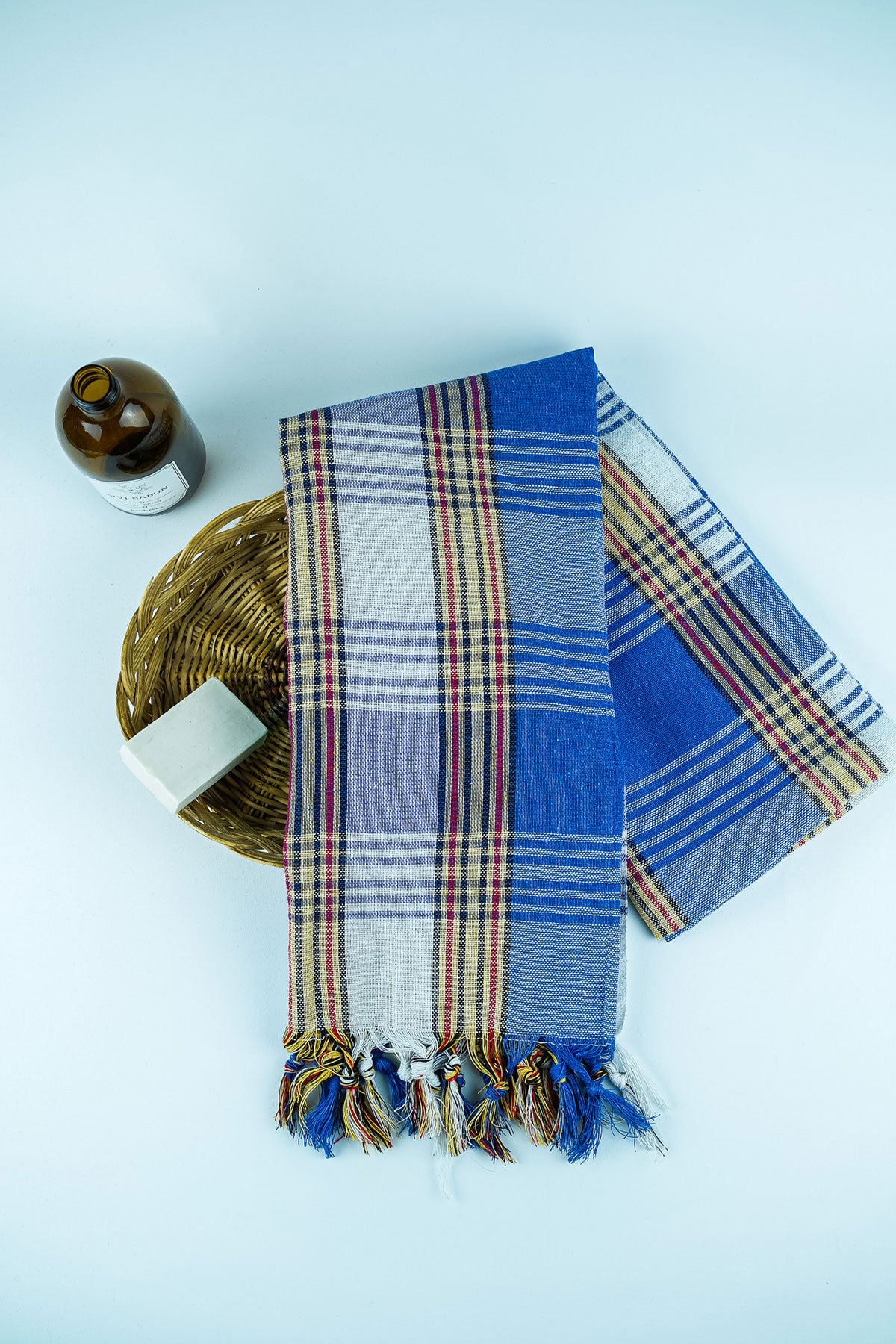 Classic blue peshtemal with plaid pattern