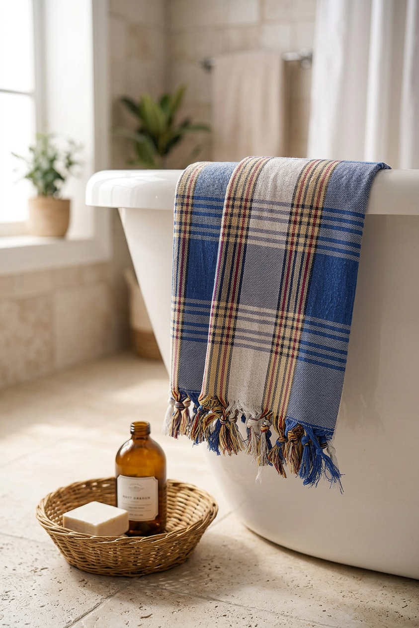 Classic blue peshtemal draped over bathtub