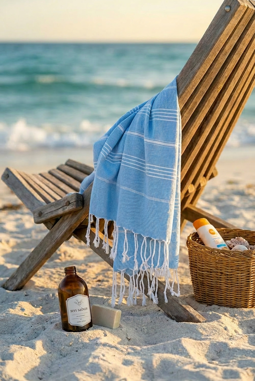 Miranda sky blue peshtemal on a beach chair