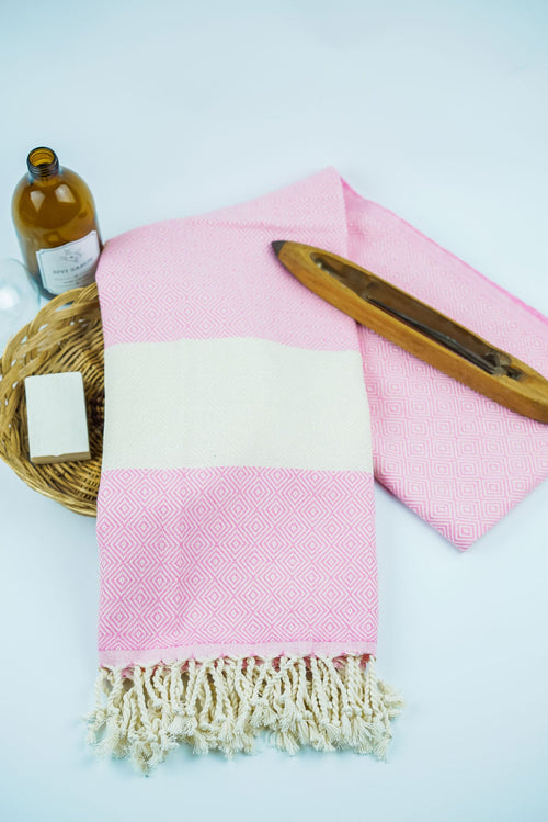 Celena Peshtemal Pink – diamond weave with ivory band